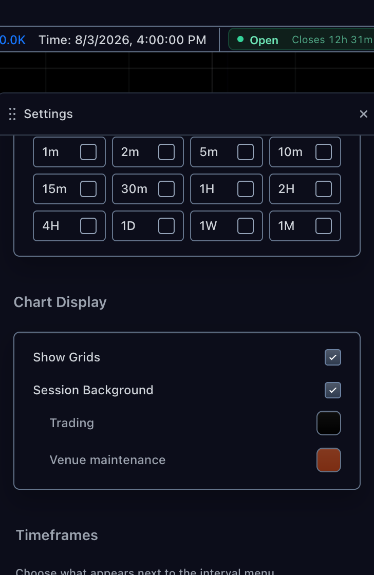 Chart settings panel showing Session Background color controls labelled Trading and Venue maintenance, the maintenance swatch filled with the declared rust default