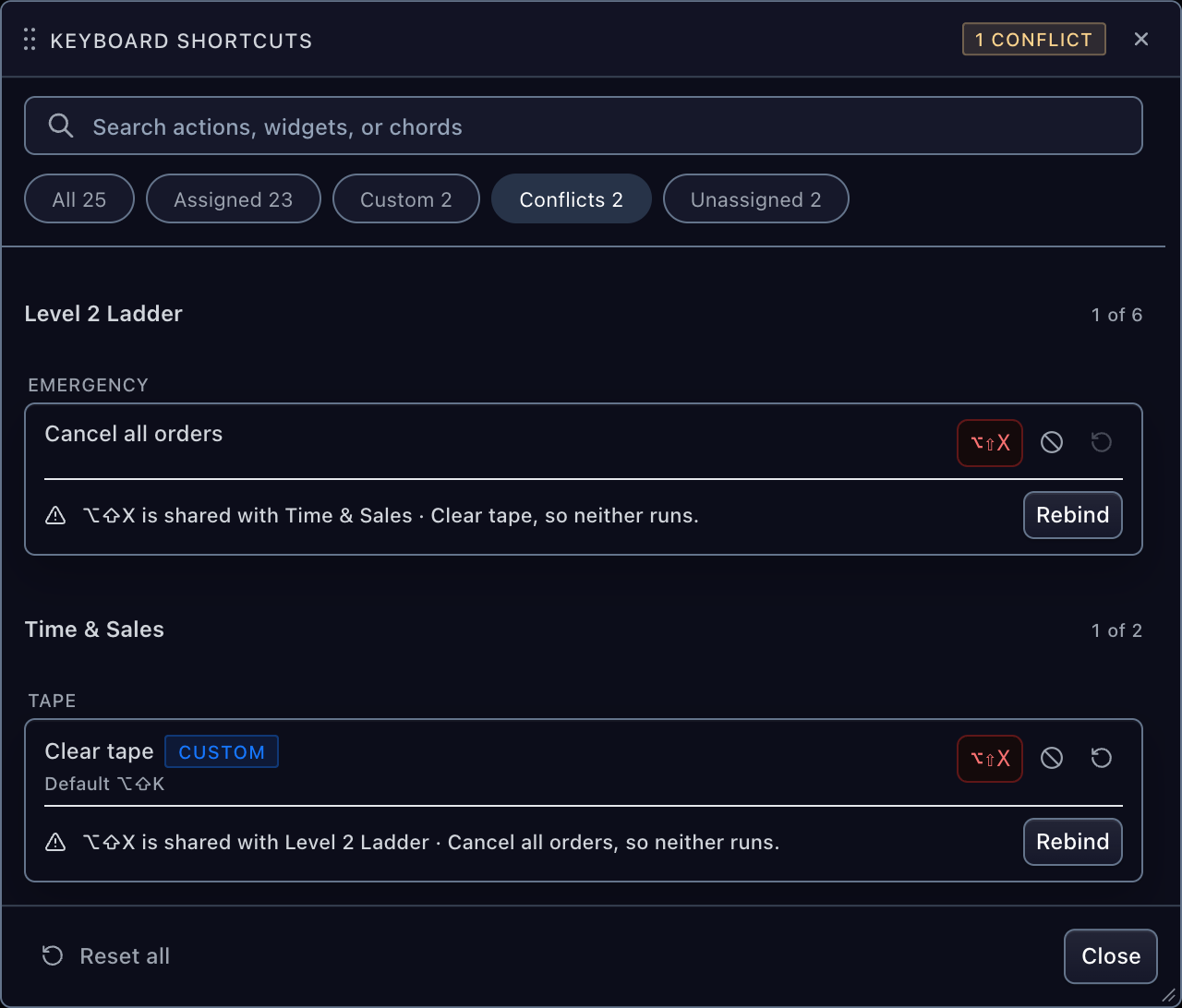 The Conflicts filter listing both sides of a collision, each naming the other action