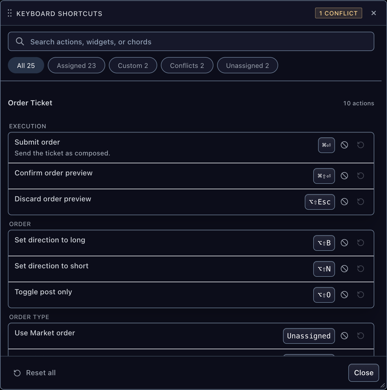 The keyboard shortcut editor: search, filter pills, grouped actions, and platform-formatted chords