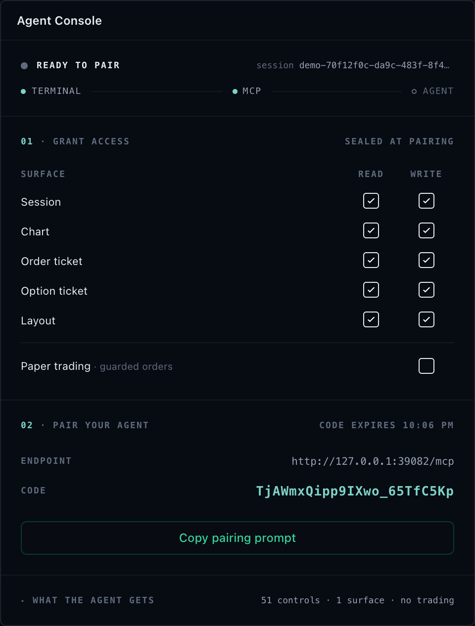 TradeScript agent console beside a live chart with connection, grants, and activity evidence