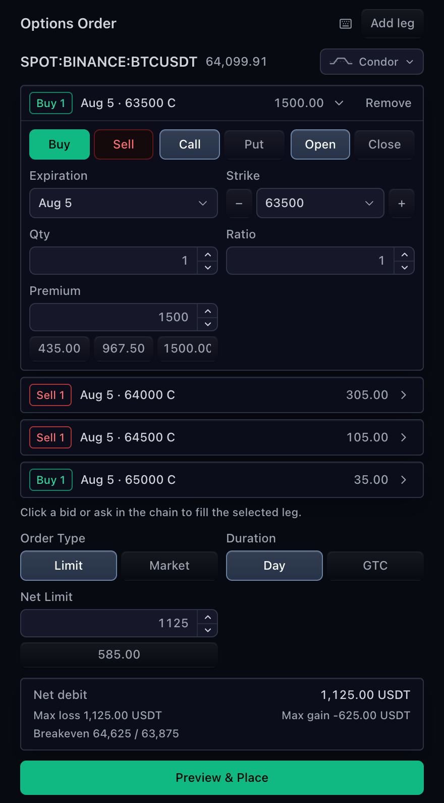 Options order ticket with a four-leg strategy, contract controls, premium, duration, and net limit