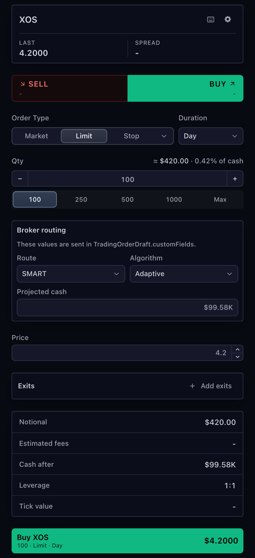 Configured order ticket with broker routing fields and calculated account impact