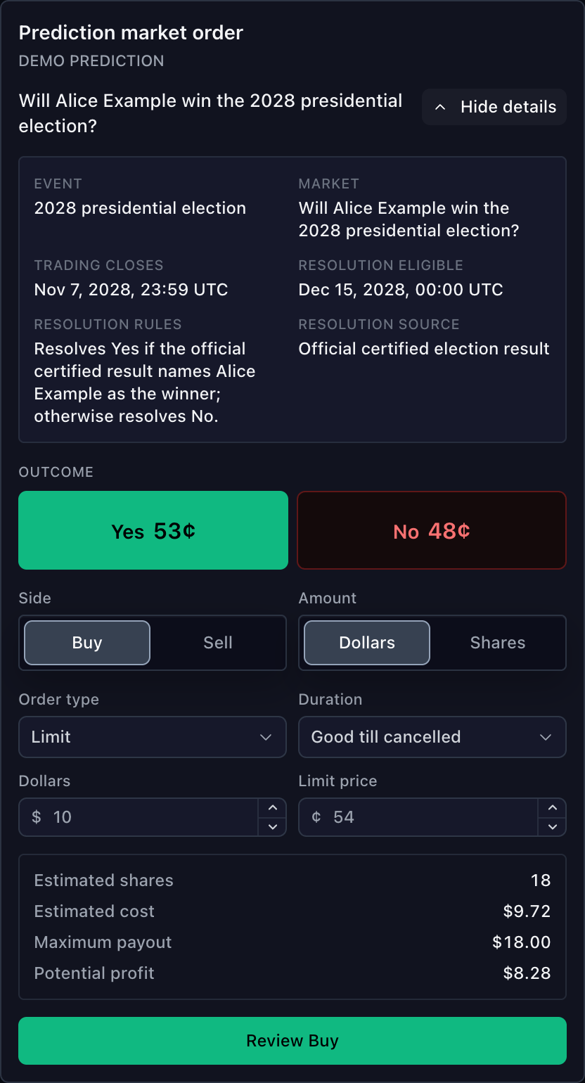 Prediction-market order ticket with expanded event and resolution details, Yes and No outcome prices, sizing, and payout estimates