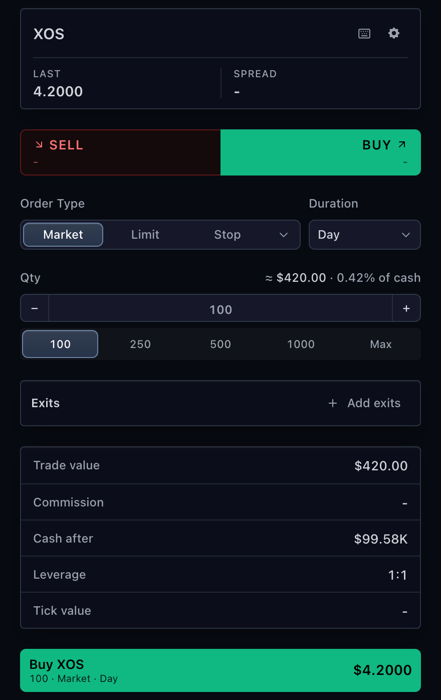 Standard trading order ticket with side, order type, duration, quantity, exits, and estimated trade impact