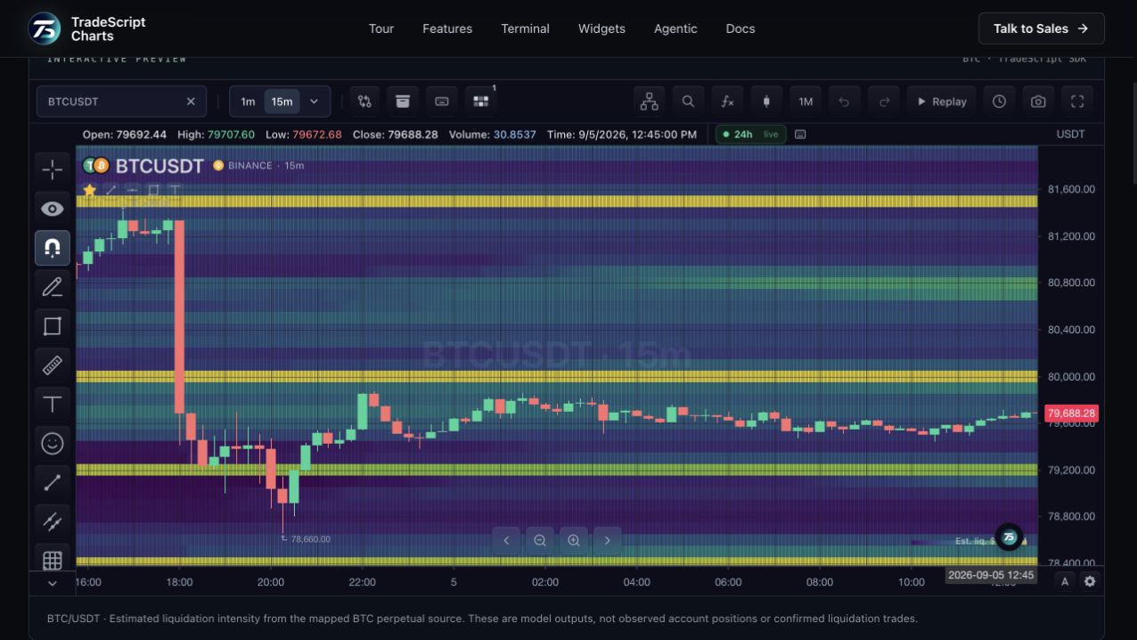 Screenshot of the TradeScript Liquidation heatmap BTC chart
